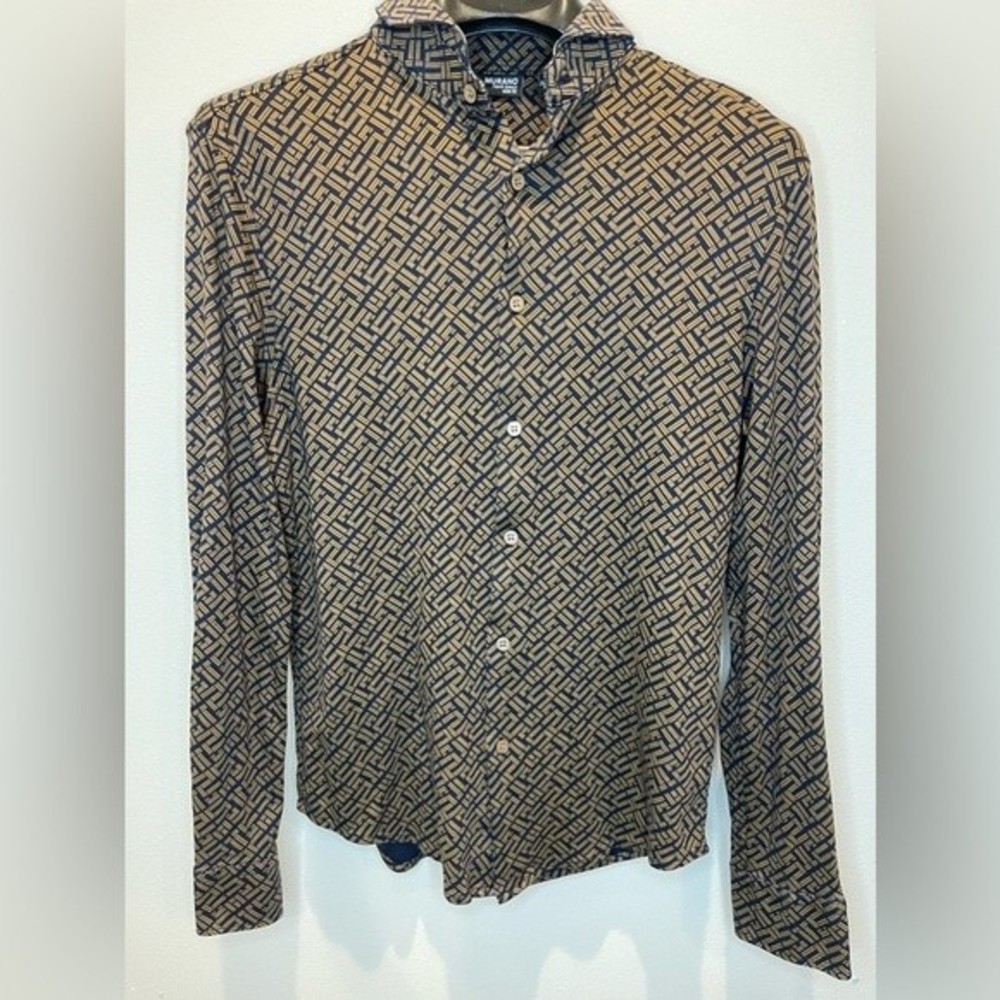 Murano Liquid Luxury Slim Fit Geometric Button Up Navy Blue Brown size M